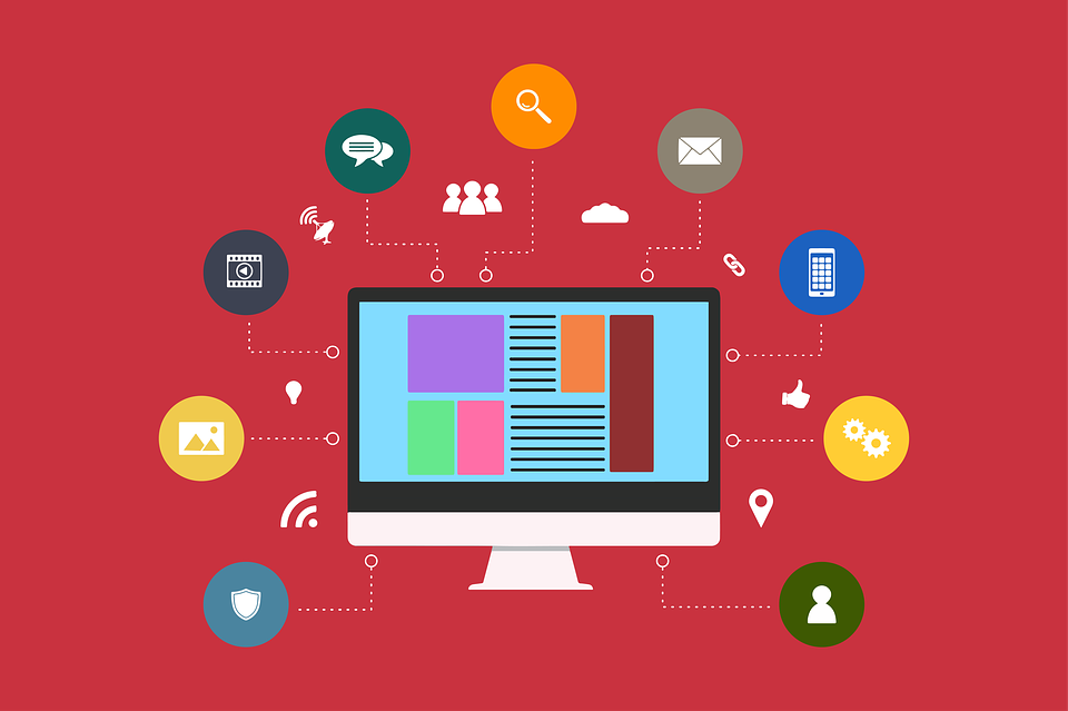 Vector of a computer with different icons and apps surrounding it