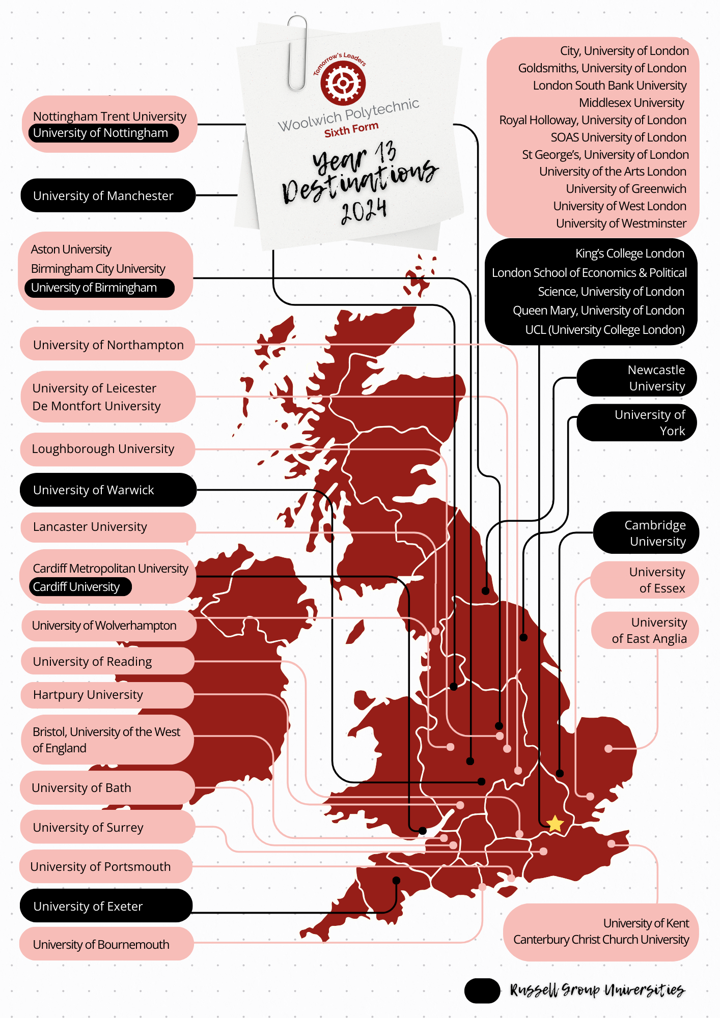 Infographic of Woolwich Polytechnic Sixth Form Year 13 Destinations on a map of the uk