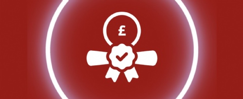 white icon vector of a degree scroll with a pound sign on a burgundy background