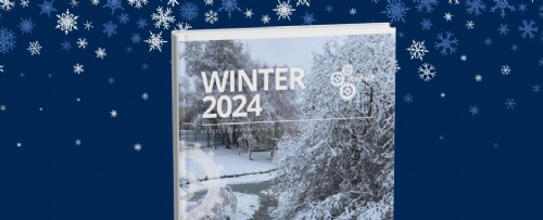 PolyMAT  Front Cover of the Winter 2024 Newsletter with blue and white snowflakes
